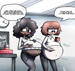 2girls belly_expansion big_belly black_hair black_pants brown_hair brunette cadester2 coffee dark-skinned_female dark_skin dialogue donut donuts expansion glasses grabbing_own_belly light-skinned_female light_skin long_sleeves navel office office_clothing office_lady office_worker stuffed stuffed_belly tagme weight_gain white_shirt