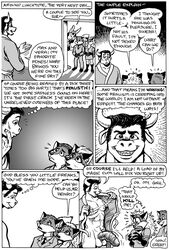 anthro balls big_penis black_hair bovine canine clothed clothing comic english_text fox hair karno lagomorph male mammal muscular muscular_male open_mouth penis rabbit speech_bubble teeth text thought_bubble undressing