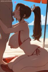 1boy 1girl ai_generated bangs beach beach_umbrella bikini blue_sky blush breasts breasts_outside brown_eyes brown_hair censored cloud day erection fatal_fury fellatio half-closed_eyes halterneck hetero hi_res high_quality high_resolution large_breasts long_hair mai_shiranui mosaic_censoring navel nipples ocean oral outdoors patreon penis ponytail red_bikini seductive sexy side-tie_bikini sky swimsuit testicles umbrella uncensored watermark