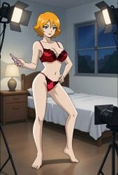 abdomen ai_animation ai_edit ai_generated ai_video animated beauty_mark bedroom blue_eyes breasts cellphone female hips lindsey_thorndyke model navel photoshoot red_bra red_hair red_lingerie red_panties sonic_the_hedgehog_(series) sonic_x tagme video