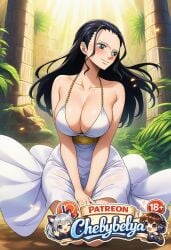 1girl absurdres ai_assisted ai_generated anime anime_style attractive bare_shoulders beautiful beautiful_eyes beautiful_lighting best_quality black_hair blue_eyes blush breasts chebybelya cinematic_lighting closed_mouth collarbone curvy cute deep_skin detailed detailed_face detailed_skin digital_art dress female female_only hair_slicked_back high_quality high_resolution highres large_breasts long_hair masterpiece nico_robin one_piece onepiece patreon patreon_username perfect_body robin sexy sharp_focus signature sitting slim_waist smile soft_lighting soft_shading solo stylized thick_thighs toned very_aesthetic vibrant_colors watermark white_dress wide_hips