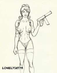 1girls archer_(series) big_breasts breasts earrings female female_only gun holster hoop_earrings human human_only lana_kane light-skinned_female light_skin lonelysatyr monochrome pasties secret_agent solo spy submachine_gun tec-9 thong topless topless_female uncensored weapon