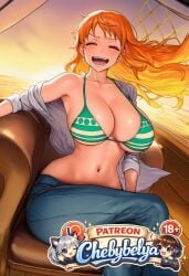 1girl absurdres ai_assisted ai_generated anime anime_style attractive beautiful beautiful_eyes beautiful_lighting best_quality bikini bikini_top_only blue_pants breasts chebybelya cinematic_lighting closed_eyes collarbone curvy cute deep_skin denim detailed detailed_face detailed_skin digital_art earrings female female_only floating_hair green_bikini high_quality high_resolution highres jeans jewelry large_breasts long_hair masterpiece nami navel ocean one_eye_closed one_piece open_clothes open_mouth open_shirt orange_hair pants patreon patreon_username perfect_body sexy sharp_focus shirt signature sitting slim_waist smile soft_lighting soft_shading solo stomach striped_bikini stylized swimsuit thick_thighs toned very_aesthetic vibrant_colors watercraft watermark wide_hips
