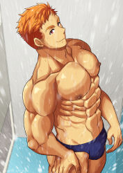 1boy 2022 abs beefy biceps bulge bulge_through_clothing collarbone dated eight_pack erect_nipples gay hand_on_leg hi_res high-angle_view looking_at_viewer male male_only manly mature_male muscles muscular muscular_arms muscular_male muscular_neck muscular_thighs navel no_body_hair orange_hair original original_character pecs red_eyes robronx35498_(pixivid=35498) short_hair shower_room showering six_pack smile solo standing swim_briefs swimsuit topless water wet wet_body yaoi