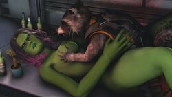 3d alien alien_girl alien_look_like_human anthro female gamora green-skinned_female green_skin groot guardians_of_the_galaxy interspecies lying male mammal marvel missionary_position on_back raccoon rocket_raccoon sex straight unknown_artist vaginal_penetration