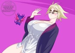 big_breasts blush breasts clothing glasses kamen_rider kamen_rider_zeztz_(series) otokam1117 sieg_(kamen_rider_zeztz) tagme thighs tokusatsu yellow_eyes yellow_hair
