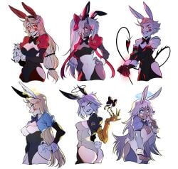 charlie_morningstar_(hazbin_hotel) vaggie_(hazbin_hotel) vaggi_(hazbin_hotel) lute_(hazbin_hotel) lucifer_morningstar_(hazbin_hotel) emily_(hazbin_hotel) hazbin_hotel bunnysuit leotard bunny_ears angel demon male female compilation halo blush bowtie ribbon