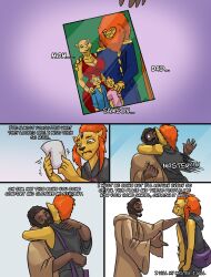 absurd_res anthro anthrofied bag bodily_fluids clothing comic crying doctor_awesome elderly_male family_photo felid hi_res hug human lion lion_mane male mammal master pantherine robe satchel science_fiction sleeveless_hoodie sleeveless_topwear teacher tears tears_of_joy