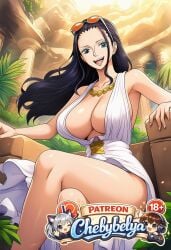 1girl absurdres ai_assisted ai_generated anime anime_style attractive beautiful beautiful_eyes beautiful_lighting best_quality black_hair blue_eyes breasts chebybelya cinematic_lighting crossed_legs curvy cute deep_skin detailed detailed_face detailed_skin digital_art dress eyewear_on_head female female_only hair_slicked_back high_quality high_resolution highres huge_breasts jewelry long_hair looking_at_viewer necklace nico_robin no_bra one_piece onepiece open_mouth patreon patreon_username perfect_body plunging_neckline robin sexy sharp_focus signature sitting slim_waist smile soft_lighting soft_shading solo stylized sunglasses thick_thighs toned very_aesthetic vibrant_colors watermark white_dress wide_hips