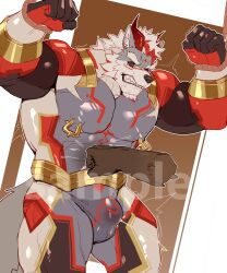 2026 2_horns abs absurd_res anthro barazoku black_bodysuit black_clothing black_sclera black_skinsuit bodily_fluids bodysuit bracelet brown_background bulge canid canine canis chest_markings clenched_teeth clothing cum cum_in_clothing cum_through_clothing disembodied_hand drooling facial_hair facial_markings fur genital_fluids goatee gold_(metal) gold_belt gold_bracelet gold_jewelry grey_body grey_bodysuit grey_clothing grey_fur grey_skinsuit gut_punch hair head_markings hi_res highlights_(coloring) horn jewelry male mammal markings multicolored_body multicolored_bodysuit multicolored_clothing multicolored_fur multicolored_skinsuit muscular muscular_anthro muscular_male muscular_thighs nipple_piercing nipple_ring nipples pecs piercing red_bodysuit red_clothing red_eyes red_highlights red_horn red_markings red_skinsuit restrained_arms ring_piercing rope rope_around_wrist ryouon_ritsu saliva simple_background skinsuit solo tail teeth tight_clothing two_tone_body two_tone_fur wet wet_clothing white_body white_fur white_hair wolf zhengshizi