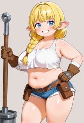1girls ai_generated armpit_crease bare_shoulders belly belt blue_eyes blush breasts chubby_female contrapposto crop_top cutoffs denim denim_shorts dot_nose dwarf_female gloves grin hair_intakes hair_over_shoulder hand_on_hip holding_weapon looking_at_viewer mikkman navel original pointy_ears simple_background smiling_at_viewer standing thick_eyebrows thighs