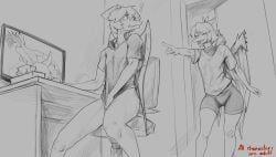 absurd_res amber_(snoot_game) anthro anus big_butt bone_frill bottomless bottomless_anthro bottomless_male breasts brother_(lore) brother_and_sister_(lore) butt caught_in_the_act caught_masturbating cavemanon_studios ceratopsian ceratopsid chasmosaurine clenched_teeth clothed clothed_anthro clothed_female clothing computer_monitor covering covering_crotch desk dinosaur duo elbow_feathers embarrassed english_text exclamation_point feathered_wings feathers female fingers frill_(anatomy) furniture genitals gesture goodbye_volcano_high green_(snoot_game) greyscale hair hand_gesture hand_over_crotch head_turned hi_res humanoid_genitalia humanoid_hands humanoid_vulva ko_op_(game_developer) laugh laughing_at_another looking_at_porn looking_at_viewer looking_back male marginocephalian masturbation medium_breasts monochrome non-mammal_breasts nude nude_anthro nude_female ornithischian pointing pointing_at_another pornography prehistoric_species presenting presenting_anus presenting_hindquarters presenting_vulva pterosaur rear_view reptile scalie shirt short_hair short_tail sibling_(lore) sister_(lore) sitting snoot_game surprised table tail tdraw teeth text topwear triceratops trish_(gvh) vulva wings