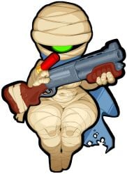 nuclear_throne goatboydraws rebel_(nuclear_throne) cyclops shotgun_shell weapon wide_hips female looking_at_viewer 1girls scarf belly_button glowing_eyes green_eyes mummy_wrappings mummy torn_clothes holding_weapon female_only