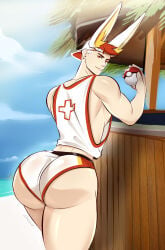 back_view beach beach_background bubble_ass bubble_butt gasaiv gay gijinka humanization humanized humanized_pokemon male male_only pokemon pokemon_ss scorbunny showing_ass showing_off underwear