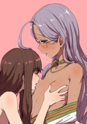 2girls artist_request bindi blush breast_licking brown_hair dark_skin fate/extra fate_(series) flat_chest glasses heavy_breathing indian indian_female kishinami_hakuno_(female) licking multiple_girls rani_viii tan-skinned_female yuri