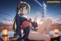 1girl ai_generated arm_support bare_legs black_choker black_hair blue_kimono bracelet breasts choker cleavage closed_mouth cloud cloudy_sky crusch_karsten evening floral_print green_hair hair_between_eyes hand_up japanese_clothes jewelry kimono knee_up lake lantern long_hair long_sleeves looking_at_viewer medium_breasts naked_kimono night nivora no_panties obi orange_eyes outdoors patreon ponytail print_kimono re:zero_kara_hajimeru_isekai_seikatsu ribbon sash short_kimono sitting sky small_breasts smile solo sunset thighs very_long_hair water yellow_eyes yukata