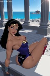 1girl ai_generated bare_shoulders black_hair blue_eyes blue_sky boots breasts cleavage collarbone dark_skin dc dcau diana_prince earrings hi_res high_quality high_resolution jewelry large_breasts leotard lips long_hair looking_at_viewer patreon seductive sexy sitting sky solo spicytoonai star_(symbol) star_print strapless thighs uncensored watermark wonder_woman