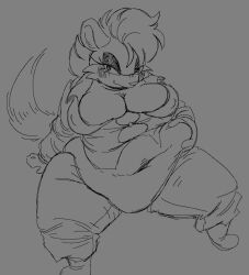 bitepilled commission oc original_character sketch doodle gray_background sonic_oc sonic_original_character anthro furry furry_female furry_only female_only female_focus unknown_species eyelashes eyeshadow black_eyeshadow long_eyelashes animal_ears mohawk_(hairstyle) mohawk snout cheek_tuft tail animal_tail fat_female fat overweight overweight_female fat_fetish giant_belly hyper_belly breasts big_breasts huge_breasts boobs belly_overhang belly_button belly_grab grabbing_belly grabbing_own_belly strained_buttons cleavage large_thighs fat_thighs looking_at_viewer boots