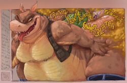 activision ambiguous_gender anthro belly big_belly big_butt bodily_fluids butt canid canine canis crash_(series) crocodile crocodilian dialogue dingo dingodile drooling duo fart fart_cloud fart_fetish farting_on_another farting_on_face hi_res homophobic_slur huge_butt leprosick male male_only mammal nipples obese obese_male overweight overweight_male reptile saliva scalie slur solo_focus text tongue tongue_out video_games
