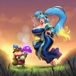 ai_generated bustybunz tagme request requested league_of_legends sona_buvelle teemo yordle 1boy 1girl hetero interspecies yordle_on_human smaller_male size_difference big_breasts blue_hair long_hair large_ass partially_clothed outdoor_sex grass sunset blush sweat surprised heart-shaped_pupils pink_eyes rolling_eyes hypnotised drugged drugged_sex hypnotised_sex mushroom aphrodisiac