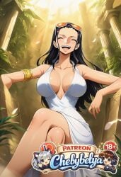 1girl absurdres ai_assisted ai_generated anime armlet beautiful_lighting black_hair breasts breasts_apart chebybelya cinematic_lighting closed_eyes collarbone crossed_legs curvy cute deep_skin detailed detailed_face detailed_skin dress eyewear_on_head female female_only high_resolution highres large_breasts long_hair nico_robin one_piece open_mouth patreon patreon_username perfect_body pillar sexy sharp_focus signature sitting slim_waist smile soft_lighting soft_shading solo sunglasses thick_thighs toned vibrant_colors watermark white_dress wide_hips