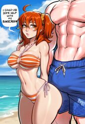 1boy 1girl abs ahoge ai_generated arms_behind_back athletic athletic_male beach beach_background bikini blue_sky blush breasts bulge busty busty_female busty_girl cleavage clothing cloud collarbone day english_text erection erection_under_clothes fate/grand_order fate_(series) female fujimaru_ritsuka_(female) hair_between_eyes hair_ornament hair_scrunchie halterneck head_out_of_frame hetero imminent_sex large_breasts light-skinned_female light-skinned_male light_skin lips male male_swimwear medium_hair muscle muscular muscular_male navel o-ring o-ring_bikini o-ring_top ocean official_alternate_costume one_side_up orange_bikini orange_eyes orange_hair orange_scrunchie outdoors parted_lips pectorals ponytail scrunchie sea shorts side-tie_bikini_bottom side_ponytail size_difference sky solo_focus speech_bubble standing stomach striped striped_bikini striped_clothes striped_swimsuit swim_trunks swimsuit thick_thighs thighs topless_male water white_male wide_hips yellow_scrunchie