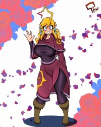 terraria calamity_mod wrath_of_the_gods blue_eyes blonde_hair solyn_(wrath_of_the_gods) mfiregoz rose rose_petals well_endowed wide_hips thick_thighs eye_of_xeroc_(calamity_mod) earrings long_ears ahoge