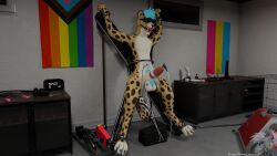 3d_(artwork) absurd_res anal anal_beads anal_penetration animal_genitalia ankle_cuffs anthro bad_dragon ball_gag balls basement bdsm blender_(artwork) blender_eevee_(artwork) blindfold blue_hair bondage bondage_furniture bound buttplug cage chastity_cage chastity_device cheetah cuff_(restraint) digital_media_(artwork) dildo dog_cage egg_vibrator electrostimulation felid feline fucking_machine fur gag genitals hair hi_res hitachi hitachi_magic_wand kinktober kinktober_2025 lgbt_pride lube_bottle machine male mammal nude pansexual_pride_colors pear_of_anguish penetration plug_(sex_toy) pride_color_flag pride_colors progress_pride_colors questionable_consent restraints saint_andrew's_cross sex_toy sheath solo somesnowleopard sounding_rod spots spread_eagle spreader_bar sybian tan_body tan_fur torture_device urethral urethral_penetration vibrator wand_vibrator whip wrist_cuffs yellow_body yellow_fur