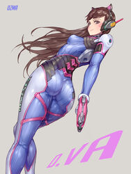 1girls ass blizzard_entertainment bodysuit breasts brown_hair d.va dat_ass facepaint female female_only gloves gun headset highres long_hair overwatch ozma pilot_suit purple_eyes small_breasts solo tight_clothing