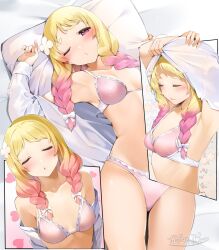 almost_naked artist_request bed bikini cute cute_breasts cute_girl love_live! love_live!_superstar!! onitsuka_natsumi pink_bikini pink_bikini_bottom pink_bikini_top pink_eyes pink_hair safe_for_work seductive_eyes seductive_mouth sexy_armpits shirt shirt_up sole_female white_skin yellow_hair