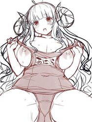 anila_(granblue_fantasy) ass breasts cleavage competition_school_swimsuit erect_nipples female horns huge_breasts long_hair looking_at_viewer monochrome one-piece_swimsuit original sitting sketch spread_legs sweat swimsuit tsukumiya_amane white_background