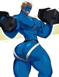 bara bara_ass bara_body bara_tiddies bara_tits blue_body gasaiv jockstrap jockstrap_only looking_at_viewer looking_back looking_back_at_viewer monster monster_boy muscular muscular_male non-human original_character solo_male weightlifting
