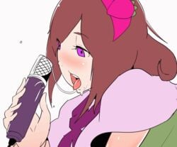 animated ascot brown_hair closed_eyes cookie_(touhou) drooling eyelashes fellatio food_themed_hair_ornament hair_ornament hairband ichigo_(cookie) long_hair microphone object_in_mouth open_mouth oral phallic_symbol purple_eyes saliva sexually_suggestive simple_background sorry_carl strawberry_hair_ornament sucking teeth touhou white_background