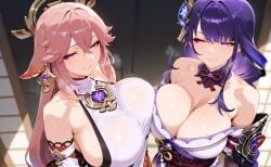 2girls ai ai_assisted ai_generated big_breasts blush breast_grab breasts chinese_clothes excited female female_only focus_on_breasts from_above furiwif07 genshin_impact girly hoyoverse kimono large_breasts looking_at_viewer mature mature_female mihoyo mommy raiden_shogun seductive seductive_eyes seductive_look sex sexy smile smiling sweat yae_miko
