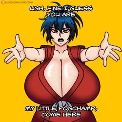 1girl 1girls absurdres alternate_breast_size blue_hair breast_focus breasts breasts_bigger_than_head breasts_bigger_than_torso busty busty_female cleavage cleavage_focus clothing coloredyiddies english_text female female_focus gigantic_breasts highres huge_breasts light-skinned_female looking_at_viewer manyuu_chifusa manyuu_hikenchou medium_hair meme my_little_pogchamp_(meme) ponytail simple_background solo solo_female solo_focus speaking_to_viewer text top_heavy upper_body veins veiny_breasts yellow_eyes