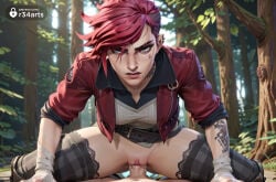 hetero 1boy penis uncensored sex tattoo pussy thighhighs red_jacket piercing short_hair pov bandages outdoors looking_at_viewer bottomless jacket vaginal undercut breasts solo_focus red_hair girl_on_top spread_legs bandaged_arm clothed_sex artist_name open_clothes ear_piercing blue_eyes open_jacket shirt freckles pink_hair neck_tattoo cowgirl_position clitoris tree nature forest asymmetrical_hair belt vi_(league_of_legends) r34arts hi_res ai_generated vi arcane_vi league_of_legends riot_games arcane netflix 1girls female 1boy1girl vaginal_sex vaginal_penetration