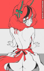 1girls apron ass bare_ass bare_back bare_butt breasts butt female horse_ears horse_girl horse_tail looking_at_viewer looking_back naked naked_apron nice_nature_(umamusume) pigtails red_hair scrimblocrimbo sideboob smile smiling smiling_at_viewer solo umamusume umamusume_pretty_derby