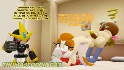 5_toes anthro apple bedroom chao_(sonic) chocola_the_chao clothed clothing dialogue duo_focus feet female flying food foot_fetish foot_focus foot_play footjob fruit gemerl_(sonic) group hi_res humanoid_feet lagomorph larger_female leporid looking_pleasured lying machine male male/female mammal on_front plant plantigrade rabbit robot sega sex size_difference small_but_hung smaller_male sonic_the_hedgehog_(series) text thomasfuggincat toes vanilla_the_rabbit