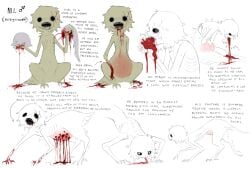 belly bleeding blood blood_from_mouth blood_on_hands body_horror cannibalism character_name commentary corpse creature creature_focus eating english_commentary english_text fraid guro highres holding holding_creature jejejunum monster nil_(jejejunum) no_humans original pain reference_sheet ribs severed_head simple_background sitting spitting spitting_blood swollen vomiting vore walking white_background white_fur yellow_fur zombie