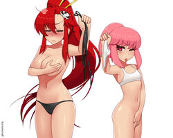 >:( 2girls ;p adult_swim arm_up armpits asymmetrical_bangs bikini_top bikini_top_removed black_bikini blunt_bangs blush bottomless bra breasts cleavage closed_eyes covering covering_breasts covering_crotch cowboy_shot crossover embarrassed embarrassed_nude_female eyelashes female female_only flat_chest frown hair_ornament hair_stick holding holding_bikini_top holding_panties jakuzure_nonon kill_la_kill kuroonehalf large_breasts long_hair looking_at_viewer multiple_girls navel panties pink_eyes pink_hair ponytail red_hair shiny shiny_hair shiny_skin sidelocks simple_background skull_hair_ornament sports_bra standing stomach swimsuit tengen_toppa_gurren_lagann toonami topless tsurime underwear very_long_hair white_background white_bra white_panties wince yoko_littner