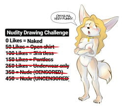 annoyed anthro blonde_hair breasts canid canine claws collar crossed_arms crossed_out english_text female fennec fox fur hair jonas jpg lock mammal multicolored_fur nipples penny_fenmore pussy solo speech_bubble tan_fur text white_fur