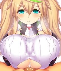 asamura_hiori black_gloves blue_eyes blush breasts brown_hair choker cleavage_cutout closed_mouth cum cum_under_clothes ejaculation_between_breasts ejaculation_under_clothes elbow_gloves female gene_(pso2) gloves green_hair hair_between_eyes highres large_breasts long_hair looking_at_viewer multicolored_hair outercourse paizuri paizuri_under_clothes phantasy_star phantasy_star_online_2 pov_crotch smile solo_focus streaked_hair tied_hair twintails underboob upper_body