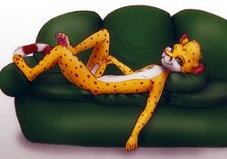 cheetah chest_tuft erection feet feline fur furry green_eyes hair half-closed_eyes kammykay looking_at_viewer lying male male_only mammal navel pawpads penis precum salmy sofa solo teenager tuft uncut young