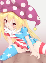 1boy 1girls alternate_legwear american_flag american_flag_legwear american_flag_shirt blonde_hair blush breasts censored clothed_female_nude_male clownpiece cowgirl_position dark-skinned_male dark_skin dress female gradient gradient_background hat highres jester_cap light-skinned_female light_skin long_hair microdress nasunegiuni neck_ruff nude penis pink_eyes pussy sex short_sleeves small_breasts solo_focus straddling thighhighs touhou vaginal_penetration very_long_hair