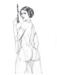 1girls a_new_hope actress armando_huerta artist_name ass breasts carrie_fisher celebrity covered_breasts dat_ass double_bun dress eyelashes female female_only gun hair_bun hips holding_gun holding_weapon large_breasts legs lips long_hair looking_back makeup monochrome princess_leia_organa sideboob signature solo star_wars tagme thighs tied_hair weapon