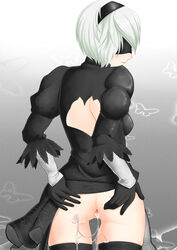 anus artist_request ass ass_juice blindfold dildo dress female from_behind gradient_background looking_back nier nier:_automata no_panties short_hair skirt_lift solo thighhighs white_hair yorha_2b