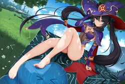 >_< 1girls alternate_version_available ass barefoot black_hair blue_cape blue_clothing blue_eyes blue_headwear blue_leotard blue_slime breasts cape damao_yu day detailed_background eyebrows_visible_through_hair feet foot_on_head genshin_impact gold_trim hand_on_headwear highleg highleg_leotard knee_up legs legs_up leotard long_hair medium_breasts mona_(genshin_impact) nails partially_clothed partially_nude sitting sky slime slime_(genshin_impact) solo solo_female thighs twintails v-shaped_eyebrows very_long_hair