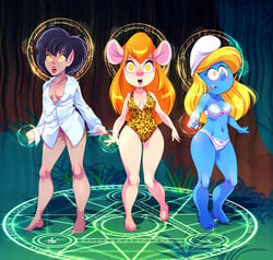 3girls anthro anthrofied black_hair blonde_hair bow_bra bow_panties bra chip_'n_dale_rescue_rangers cleavage collared_shirt crossover crysta daveyboysmith disney empty_eyes ferngully gadget_hackwrench lace-trimmed_bra lace-trimmed_panties light_brown_hair long_hair magic magic_circle medium_breasts midriff mind_control multiple_girls navel no_bra no_pants one-piece_swimsuit open_mouth outdoors panties pink_panties shirt short_hair small_breasts smurfette standing swimsuit the_smurfs underwear white_bra white_panties wide-eyed