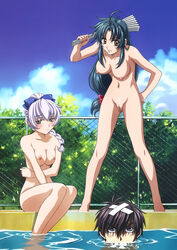 1boy 2girls bandaid black_hair blue_hair breasts chidori_kaname female full_metal_panic long_hair looking_at_viewer male multiple_girls naked navel nipples nude photoshop pussy sagara_sousuke tagme teletha_testarossa uncensored wet