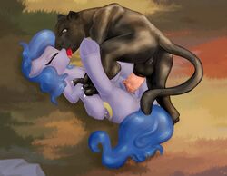 2017 animal_genitalia animal_pussy blue_hair clitoris cum cum_in_pussy cum_inside cutie_mark earth_pony equine equine_pussy fan_character feline feral friendship_is_magic hair horse kissing mammal my_little_pony panther pony pussy sapsan shadow_blue_(cloppermania) zoophilia